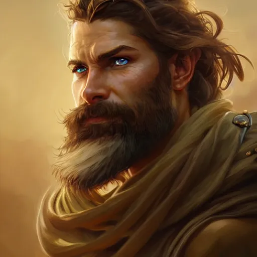 Image similar to Portrait of rugged male ranger, D&D, amber eyes, face, long hair, muscular, fantasy, intricate, elegant, highly detailed, digital painting, artstation, concept art, smooth, sharp focus, illustration, art by artgerm and greg rutkowski and alphonse mucha