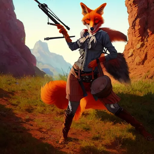 Image similar to splash art of cute feminine anthropomorphic vulpes vulpes fulva bounty huntress in the wild west, rugged clothes, motion blur, firefight, high energy action : by weta, greg rutkowski, wlop, ilya kuvshinov, rossdraws, artgerm, octane render, iridescent, bright morning, anime, liosh, mucha