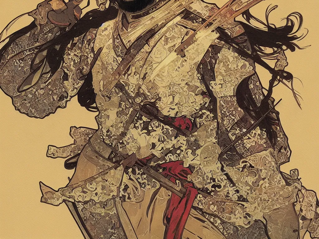 Image similar to close up of a samurai in full armor, by fiona staples, alphonse mucha, sachin teng