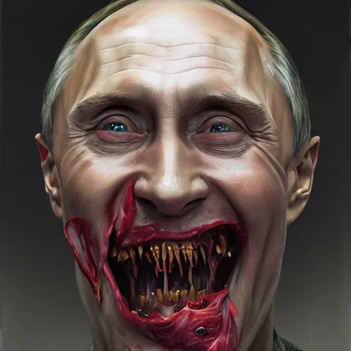 Prompt: a portrait of vladimir putin, flesh eating worms, macabre, horror rotten teeth, by donato giancola and greg rutkowski, wayne barlow, realistic face, visible face, digital art, artstation, symmetry