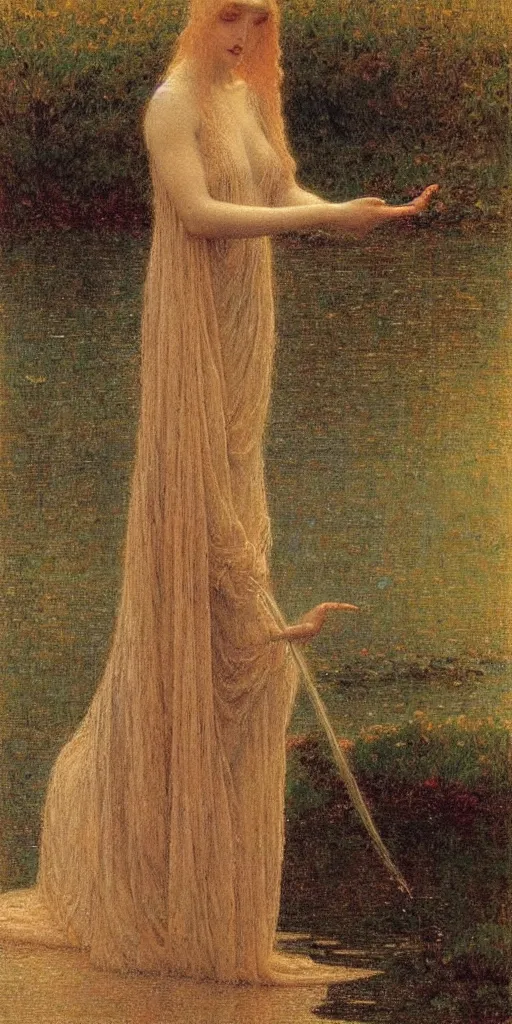 Prompt: a painting of a weeping maiden by the lake by gustav moreau, jean delville and  Gaston Bussiere