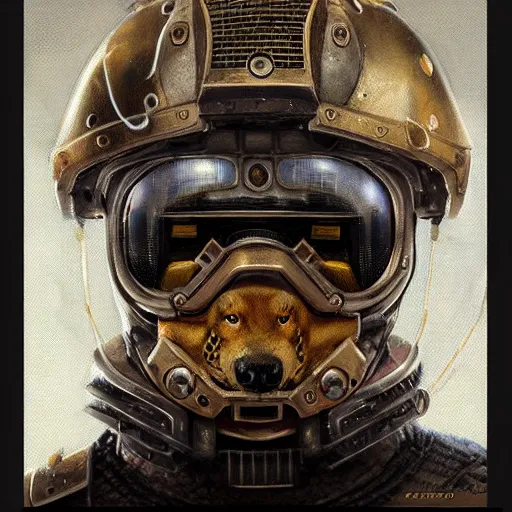 Image similar to the doomslayer as anthropomorphic shiba inu a realistic scifi cyberpunk knight, closeup portrait art by donato giancola and greg rutkowski, vintage retro scifi, realistic face, digital art, trending on artstation, symmetry