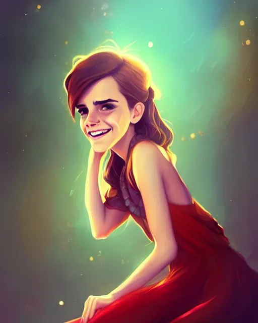 Image similar to a portrait of a beautiful full body Emma Watson smiling, pretty gold and red dress, art by lois van baarle and loish and ross tran and rossdraws and sam yang and samdoesarts and artgerm, digital art, highly detailed, intricate, sharp focus, Trending on Artstation HQ, deviantart, unreal engine 5, 4K UHD image