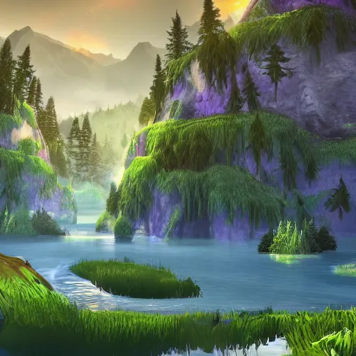 Prompt: a digital art piece of the contrasting radiant and dire sides of the map from dota 2, trees and river, beautiful, vibrant, 4 k, 8 k, maya, unreal engine, artstation