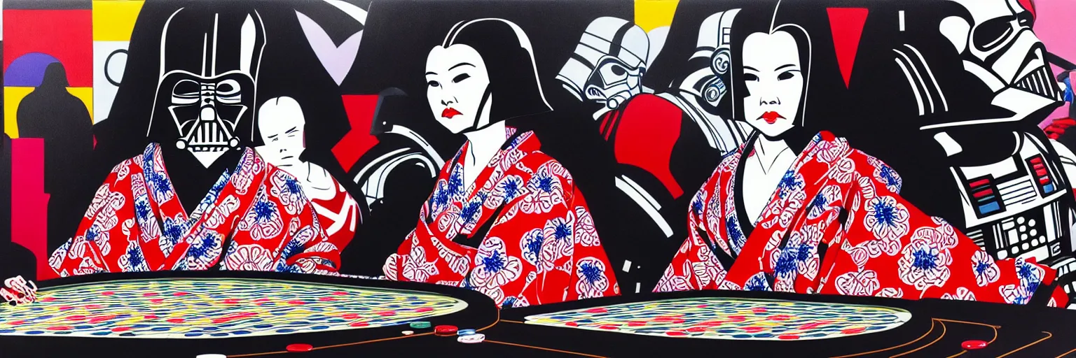 Prompt: hyperrealism composition of the detailed woman in a japanese kimono sitting at an extremely detailed poker table with darth vader and stormtrooper, ( ( r 2 d 2 ) ), ( ( c 3 po ) ), fireworks on the background, pop - art style, jacky tsai style, andy warhol style, acrylic on canvas