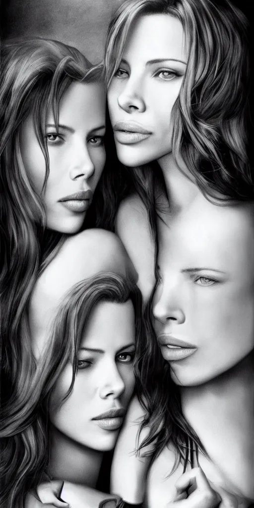 Image similar to shy scarlett johansonn and kate beckinsale poster, grayscale, uniform, photo realistic