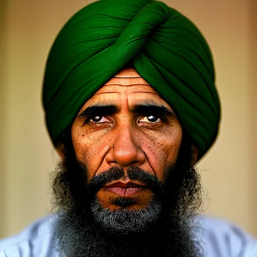 Image similar to portrait of president barack obama as afghan man, green eyes and red turban looking intently, photograph by steve mccurry