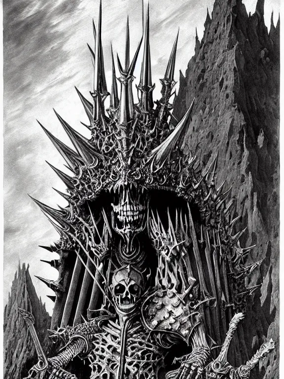 Prompt: A little vibrant. A spiked horned detailed semiork-semihuman skeleton with armored joints stands in a large cavernous throne room with Gattsu Sword in hand. Wearing massive shoulderplates, cloak. Extremely high details, realistic, fantasy art, solo, masterpiece, bones, ripped flesh, colorful art by Zdzisław Beksiński, Arthur Rackham, Dariusz Zawadzki, Harry Clarke