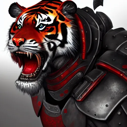 Image similar to a tiger wearing ultra heavy combat armour with red and black color hyperdetailed photorealistic digotal art aesthetic cool character design by charles bowater artger highly detailed detailed face 8k cinematic deviantar artstation