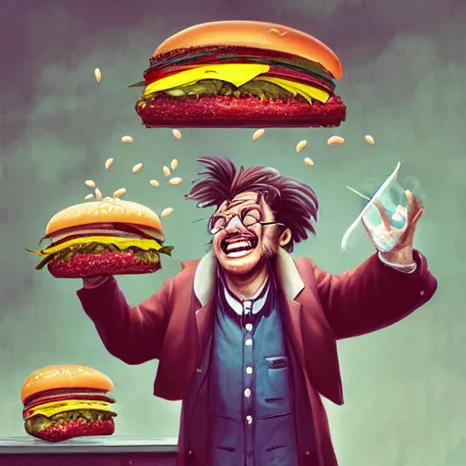 Image similar to !dream a mad scientist in his back yard laughing happily at the hamburgers which are falling from the sky , made by Stanley Artgerm Lau, WLOP, Rossdraws, ArtStation, CGSociety, concept art, cgsociety, octane render, trending on artstation, artstationHD, artstationHQ, unreal engine, 4k, 8k,