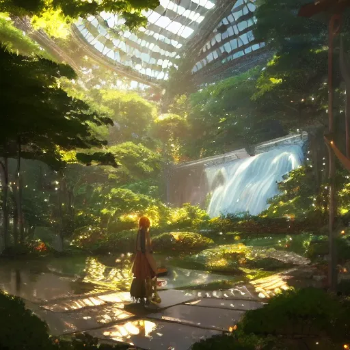 Prompt: geodesic dome with gardens and waterfall, gapmoe kuudere moody lighting stunning bokeh highlights sharp contrast | trending pixiv fanbox | by greg rutkowski makoto shinkai takashi takeuchi studio ghibli