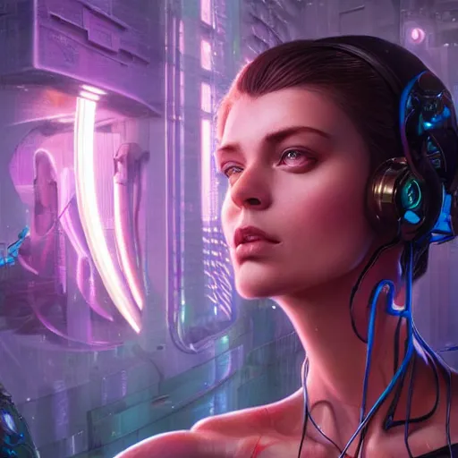 Image similar to highly detailed extreme closeup portrait of a cybernetic woman, in disney, stephen bliss, unreal engine, art by greg rutkowski, loish, rhads, ferdinand knab, makoto shinkai and lois van baarle, ilya kuvshinov, rossdraws, tom bagshaw, global illumination, radiant light, detailed and intricate environment