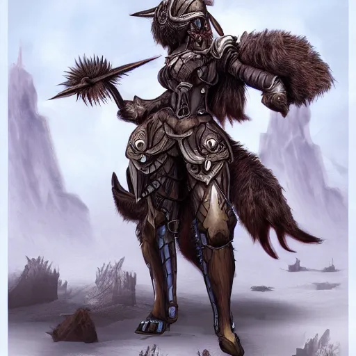 Image similar to fantasy concept art, armored female Minotaur, brown fur with white spots