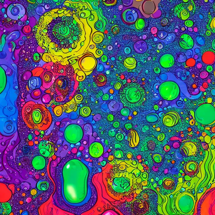 Image similar to illustration of a colorful melting human head. acrylic bubbles and flowers, ferrofluids, water distortions. intricate abstract. intricate artwork.