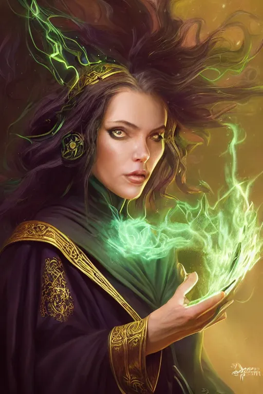 Image similar to a sorceress wearing a black robe with gold embroidery, sitting at table, casting a spell, green glows, painted by artgerm and tom bagshaw, in the style of magic the gathering, highly detailed digital art