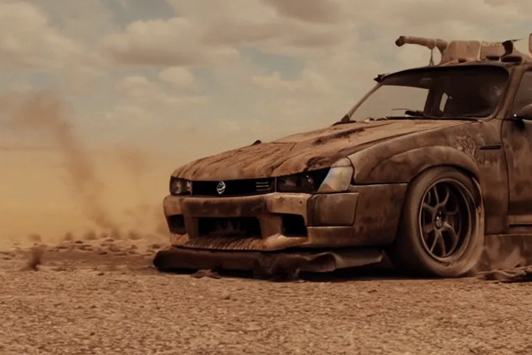 Prompt: Emma Watson driving in Mad Max Road Warrior, rusted, cobbled together Nissan R34 GTR, screenshot, cinematic Eastman 5384 film