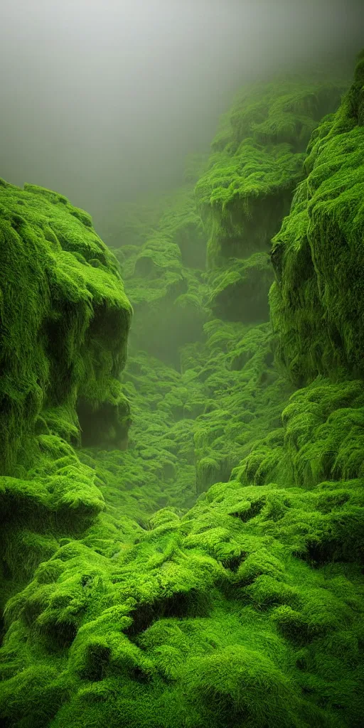 Image similar to dream looking through, a hyper realistic photograph fertile, lush mossy ferns canyon, ferns, minimalist structure, misty, raining, icelandic valley, in the style of reuben wu, roger deakins