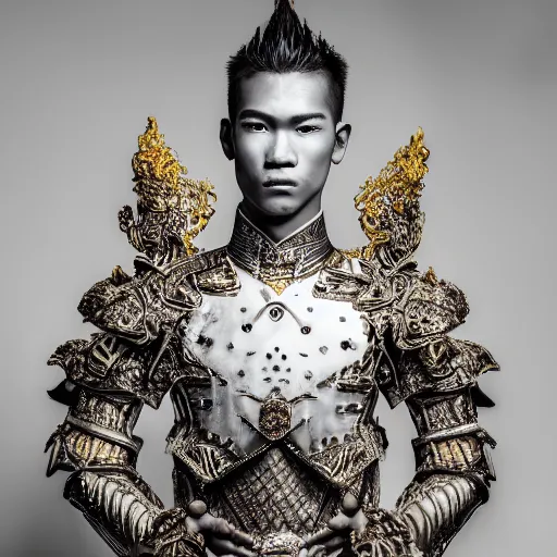 Image similar to a portrait of a beautiful young balinese male wearing an alexander mcqueen armor , photographed by andrew thomas huang, artistic