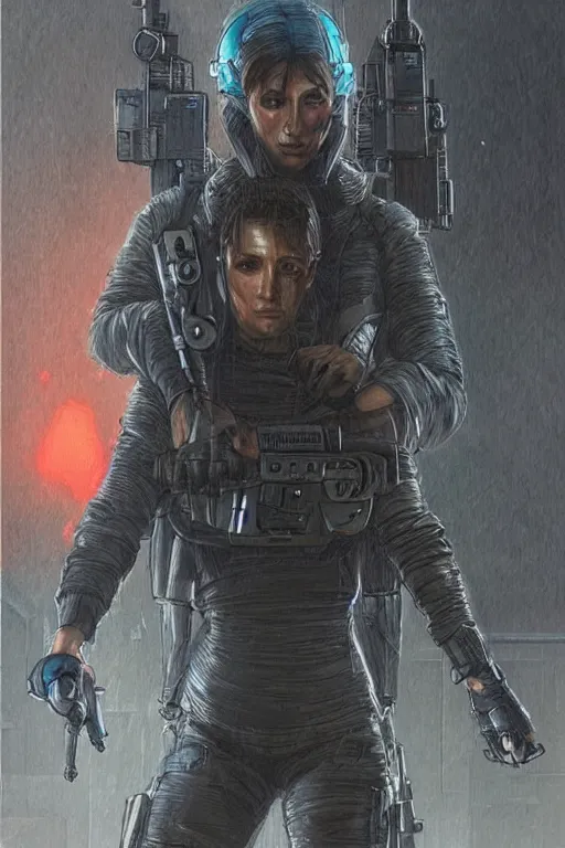 Image similar to Maria. blackops mercenary in near future tactical gear, stealth suit, and cyberpunk headset. Blade Runner 2049. concept art by James Gurney and Mœbius.