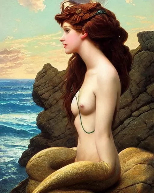 Image similar to a mermaid siting on a rock, climbing her hair with her fingers, oil on canvas, artstation, by j. c. leyendecker and edmund blair leighton and charlie bowater, beautiful face, octane, very aesthetic!!!!!!!!!!!!!!!