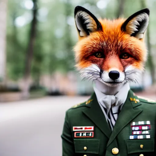 Image similar to Closeup of Fox dressed in a modern American general uniform, 85mm f/1.4