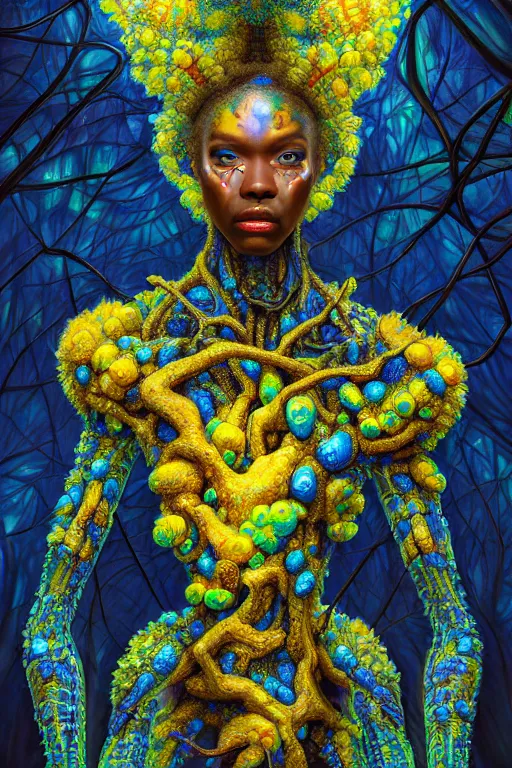 Prompt: hyperrealistic deconstructed super expressive! black woman with exoskeleton armor, merging with tree in a forest, highly detailed digital painting masterpiece smooth cam de leon hannah yata dramatic pearlescent blue yellow light ground angle hd 8k sharp focus