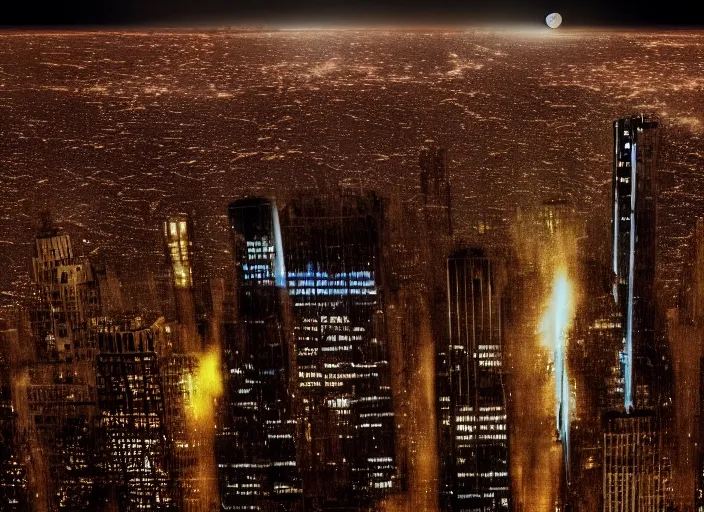 Image similar to film still of the moon breaking into pieces over manhatten in the new disaster movie, 8 k, night time