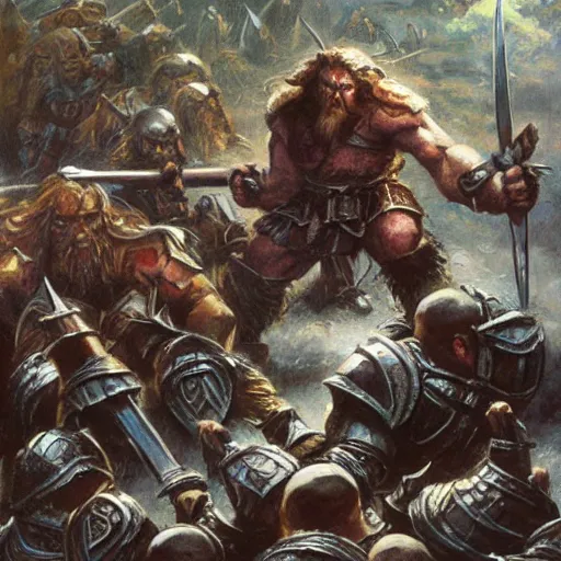 Prompt: Dwarven iron guard fighting a troll. lotr. Epic painting by james gurney.