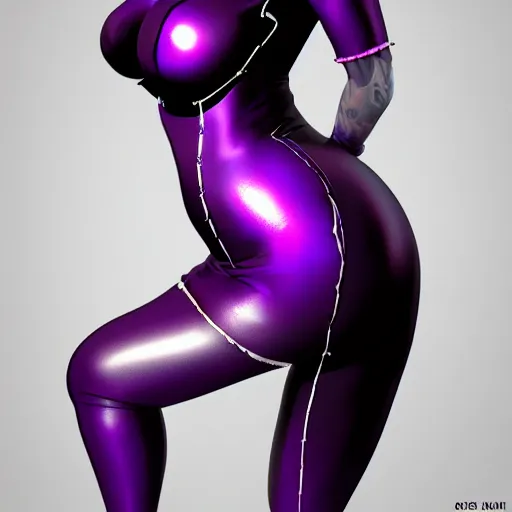Image similar to portrait of a curvy feminine hot pale goth woman with elaborate elegant tight silver nylon latex and silk outfit black lipstick and purple makeup, photorealistic, sublime, 16k, smooth, sharp focus, cgsociety, ArtStation, volumetric lighting