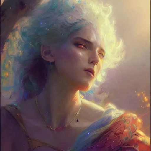 Image similar to god, non-binary, white hair, long hair, illustrated by Gaston Bussiere and Greg Rutkowski, beautiful dappled lighting, gorgeous volumetric lighting, a beautiful side-portrait image, inspirational artwork, intricate, brightly colored, vividly enhanced, trending on artstation