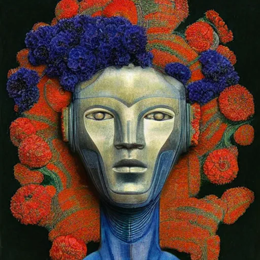 Prompt: portrait of a robot wearing a facemask made of flowers, by annie swynnerton and jean delville and rufino tamayo and edward hopper and evelyn de morgan, art deco flower shaman, art brut, outsider art, symbolist, dramatic lighting, god rays, elaborate geometric ornament, clean crisp graphics, smooth sharp focus, extremely detailed, adolf wolfli