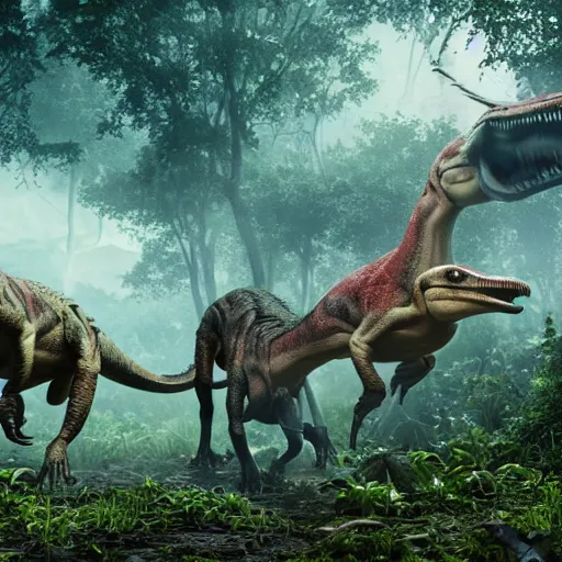 Image similar to 8 k hd detailed octane render of dinosaurs roaming the jungle