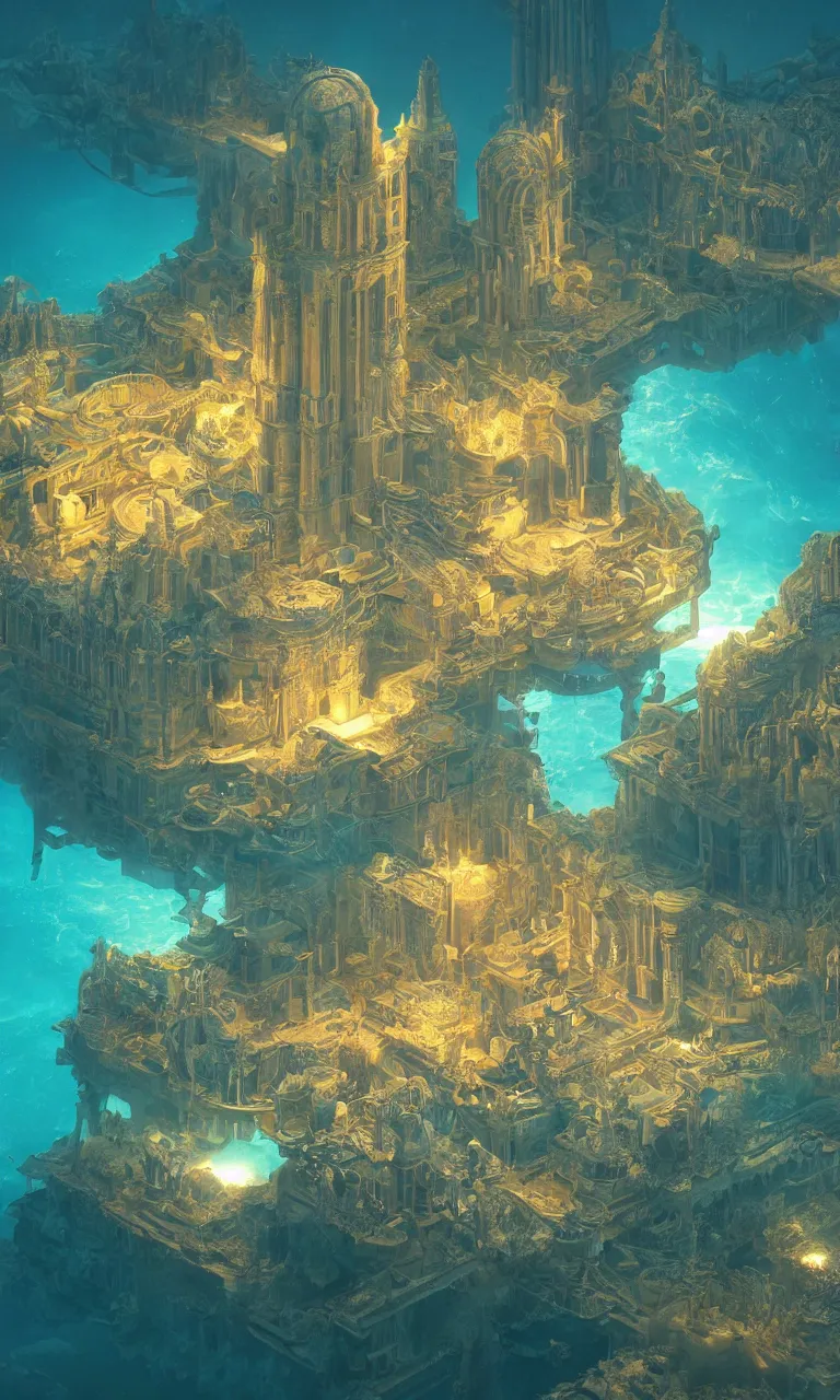 Prompt: a fantastic atlantis palace with golden decorate under the sea, light effect, tyndall effect, fishes, by mike winkelmann, high - definition picture, trending on artstation, blue green color water