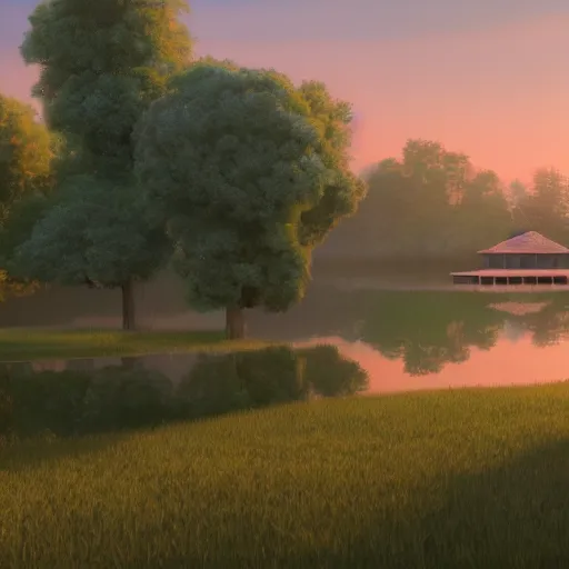 Image similar to a serene landscape with a singular building near a lake at sunrise ， pixar style ， ghibli studio anime style ， 8 k hdr ， octane render ， unreal engine ， - w 1 0 2 4