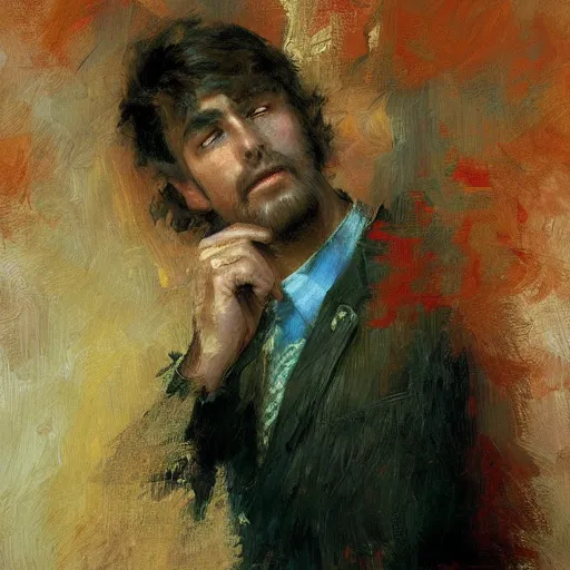 Prompt: a man with a blowout haircut, painting by Gaston Bussiere, Craig Mullins