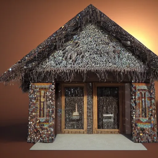 Image similar to egyptian art of a chalet made of crystals and feathers 8K 3D and hyperrealistic