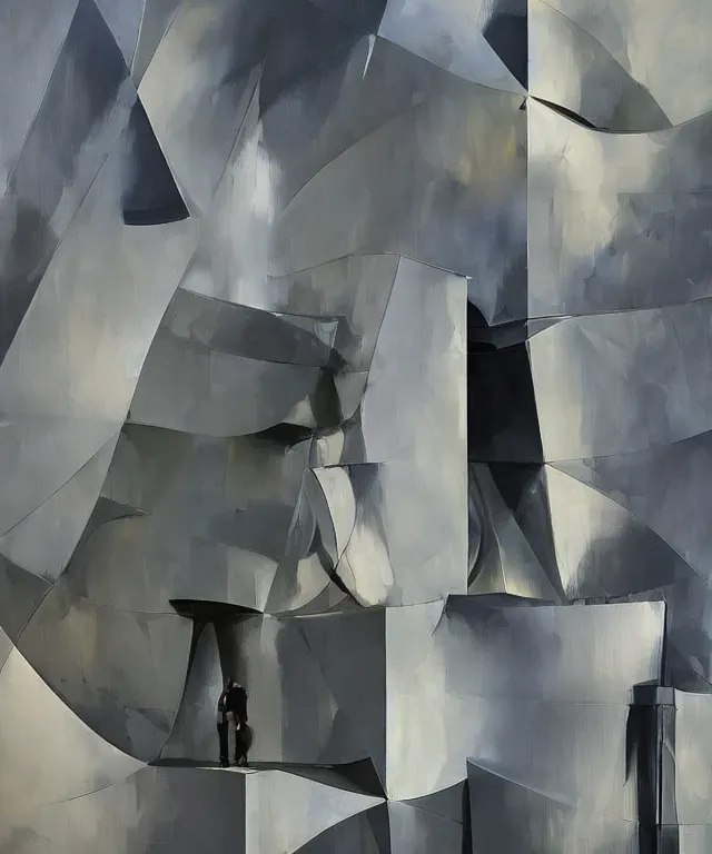 Prompt: acrylic and spraypaint portrait of origami architecture, frank gehry architecture, classical sculpture, large triangular shapes, painting by totem 2, ashley wood, jeremy mann, masterpiece