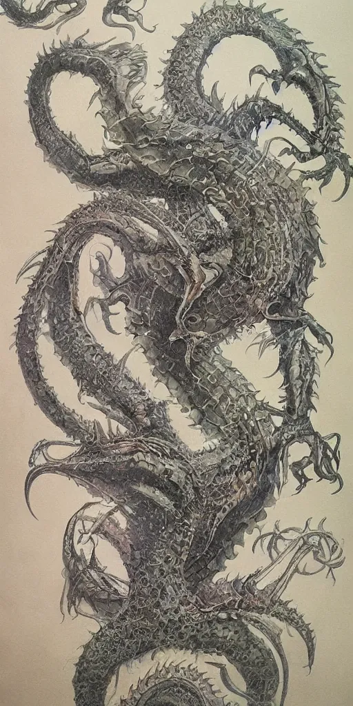 Prompt: a lovecraftian expressive water colour of a aetherpunk dragon by h. r giger in the style of oriental art, 8 k