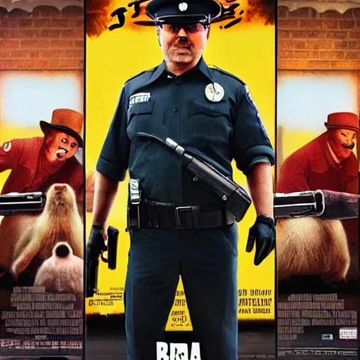 Prompt: movie poster about capybaras dressed as policemen, action movie poster, capybara policemen