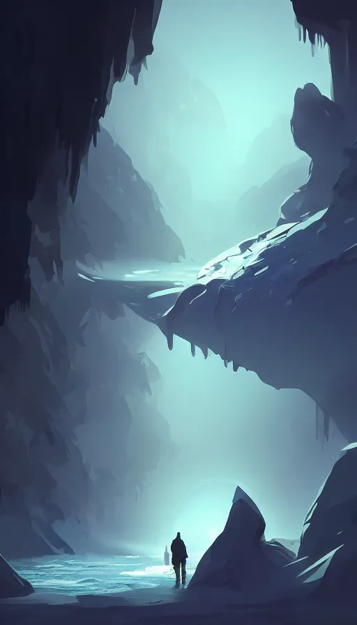 Image similar to concept art by jama jurabaev, cel shaded, cinematic shot, trending on artstation, high quality, brush stroke, lonely crystal cave under moonlight reflection, and the streams are dotted with stars