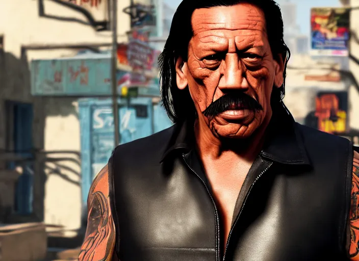 Prompt: danny trejo wearing a leather vest, standing in mexican street, cinematic lighting, octane render, photorealistic, digital painting, drew struzan, gta v cover art