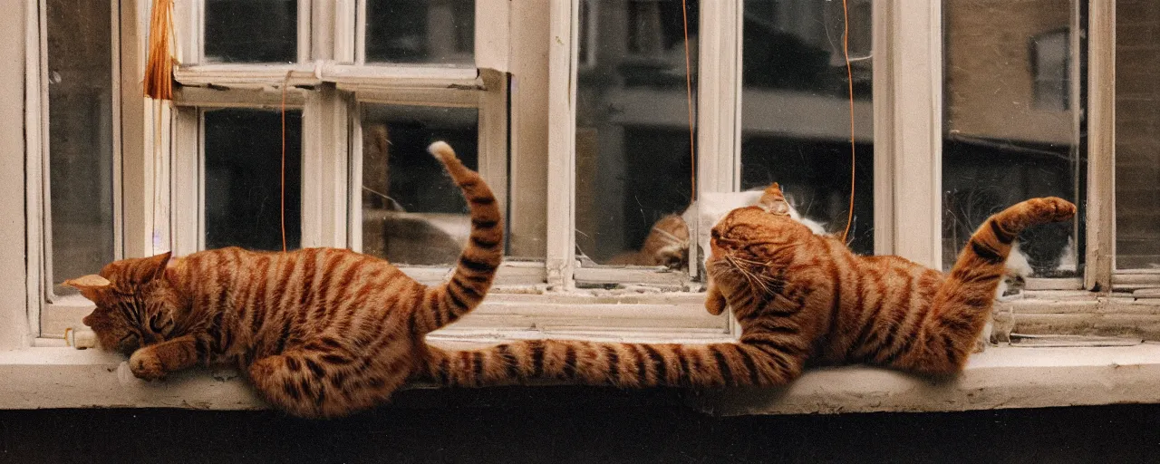 Image similar to a cat playing with spaghetti on a windowsill, city apartment, small details, intricate, sharply focused, canon 5 0 mm, wes anderson film, kodachrome