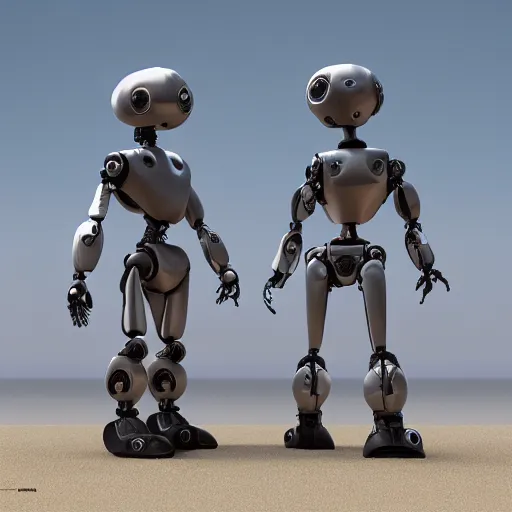 Prompt: two robots at the beach, intricate, elegant, highly detailed, 3 d render, cinema 4 d, artstation, concept art, smooth, sharp focus