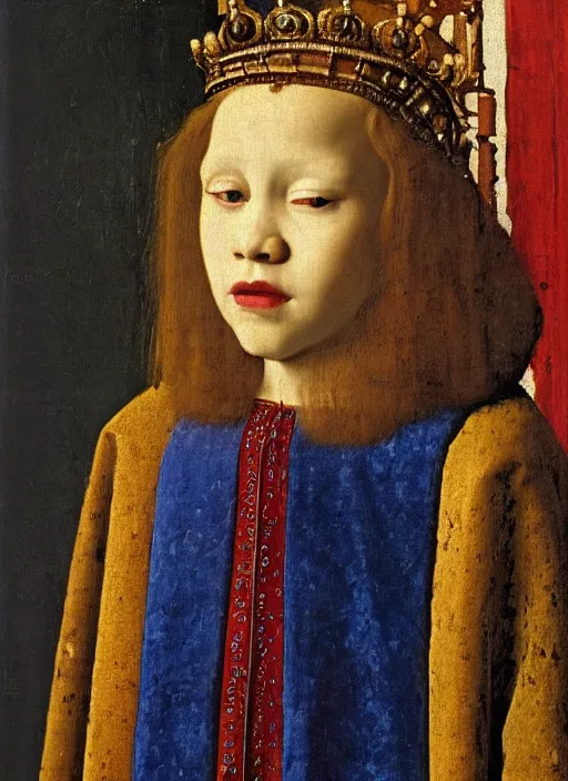 Image similar to portrait of a young king with a crown, medieval painting by Jan van Eyck, Johannes Vermeer, Florence