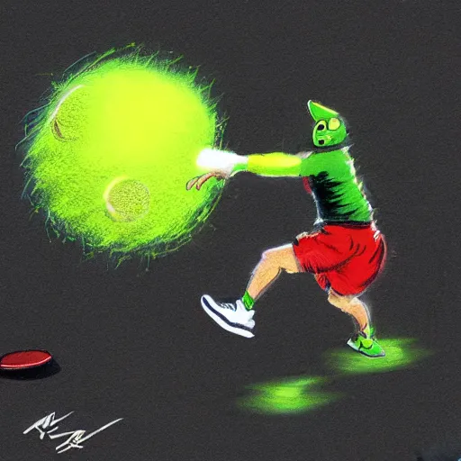 Image similar to air Jordan, retro, tennis ball monster ,tennis ball, digital art, smoke, fantasy,chalk, magic, trending on artstation, ultra detailed, professional illustration by Basil Gogos