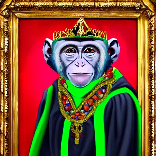 Prompt: realistic oil painting portrait of a monkey wearing medieval robes and an ornate tiara on a dark neon background