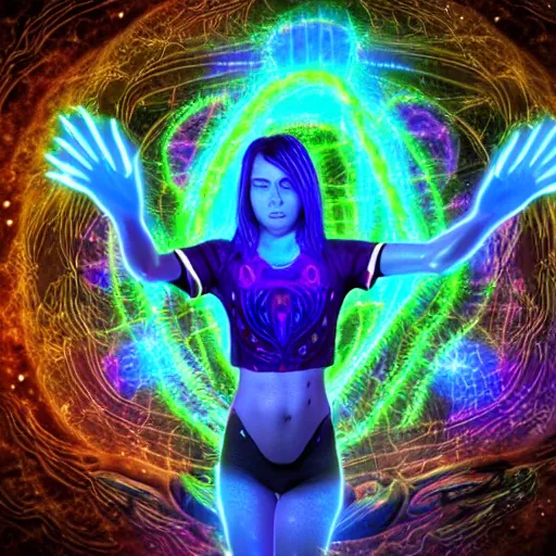 Image similar to full body character + beautiful female neopunk wizard opening a portal to the sidereal multiverse, mandelbrot neuro web, intricate galaxy inlay + ultra high detail, plasma neon internal glow, precise, consciousness projection, astral projection, laser sharp, octane render + unreal render + photo real, 8 k, volumetric lighting high contrast