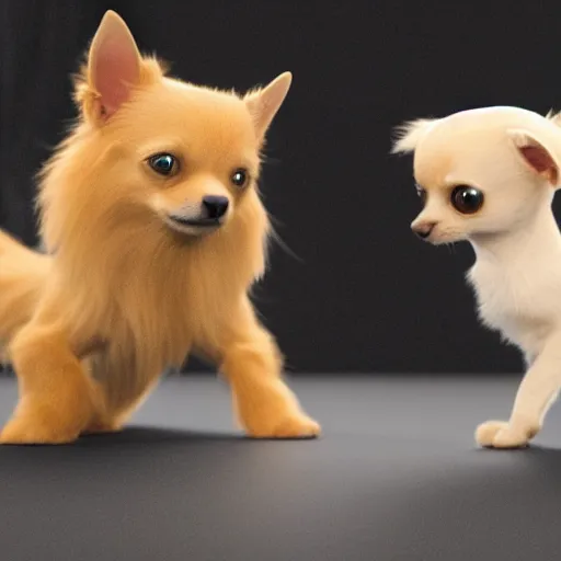 Image similar to an adorable blond long haired chihuahua playing with a cute black cat : : in the style of pixar : : octane render, unreal engine 5, cinematic lighting, cinematic depth of field