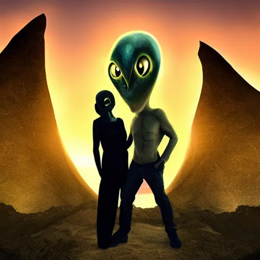 Prompt: an alien creature and a human, in a nice alien landscape, sunset, dramatic lighting, beautiful