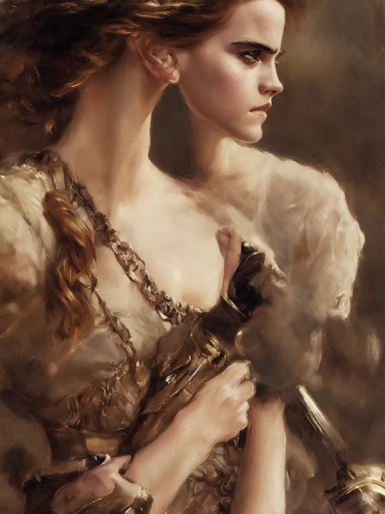 Image similar to close up of emma watson in full leather armor, cinematographic shot, by vladimir volegov and alexander averin and delphin enjolras and daniel f. gerhartz